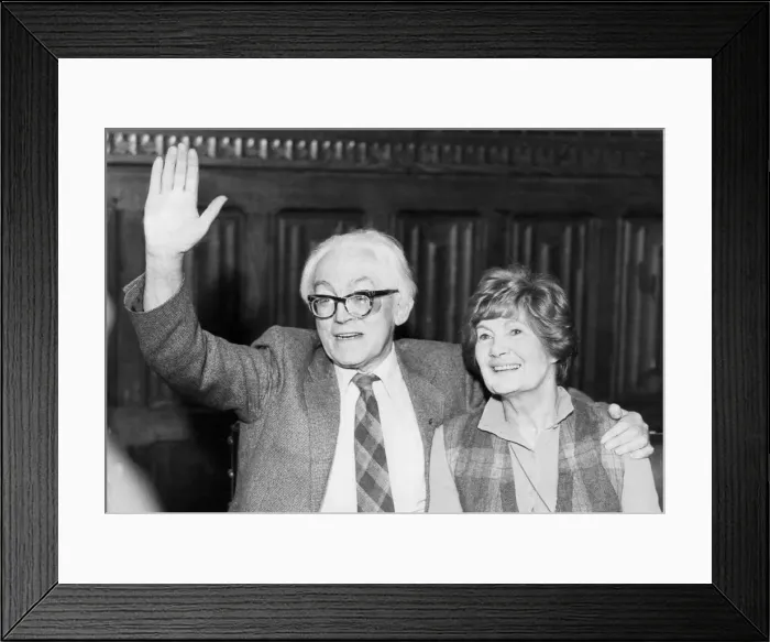 Framed Print : Michael Foot and wife Jill Craigie at press conference after his election as Labour party Framed Print : Michael Foot and wife Jill Craigie at press conference after his election as Labour party