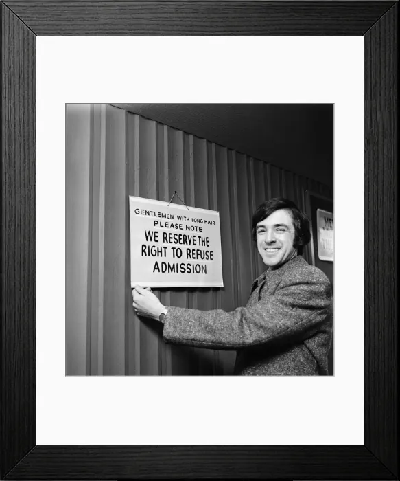 Framed Print : Director bans long hair from Sporting Club. 1972