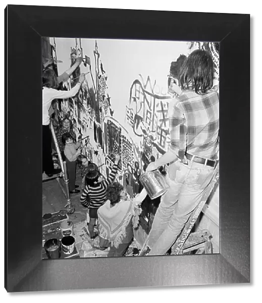 Group mural being painted on wall at Stockton YMCA, Bath Lane, Stockton, 1971