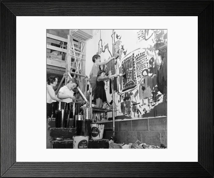 Framed Print : Group mural being painted on wall at Stockton YMCA, Bath Lane, Stockton, 1971