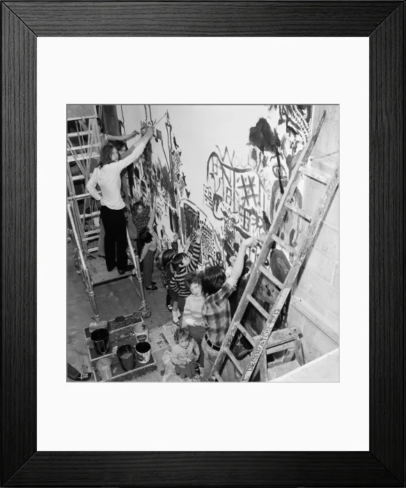 Framed Print : Group mural being painted on wall at Stockton YMCA, Bath Lane, Stockton, 1971