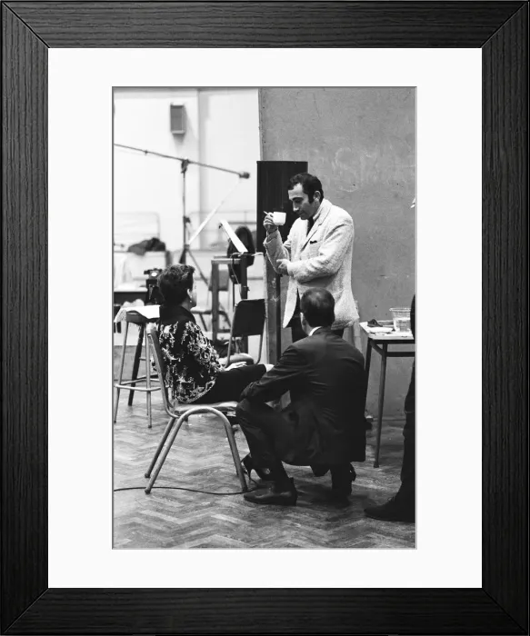 Framed Print : Judy Garland with Lionel Bart at the EMI studios in St Johns Wood recording Maggie May Framed Print : Judy Garland with Lionel Bart at the EMI studios in St Johns Wood recording Maggie May
