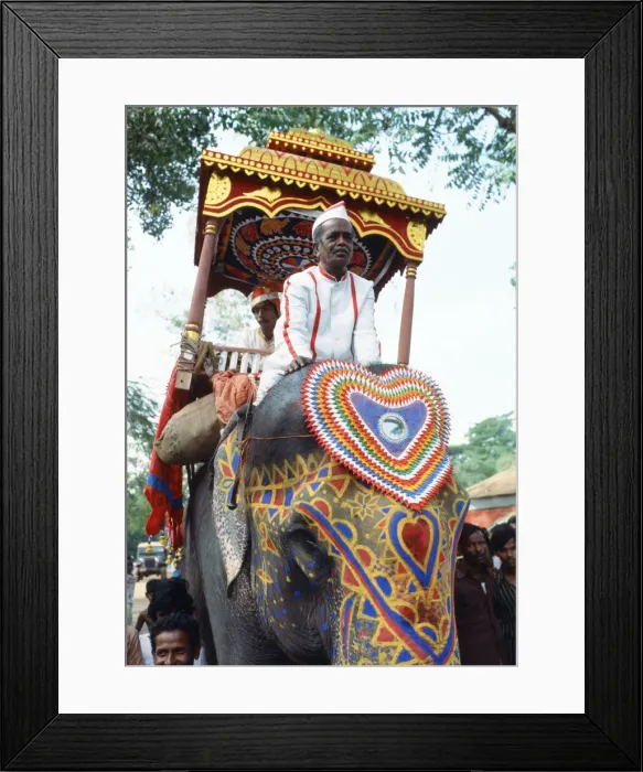 Framed Print : Prince Charles tour of India. Pictured, a painted elephant to greet the Prince, Orissa Framed Print : Prince Charles tour of India. Pictured, a painted elephant to greet the Prince, Orissa