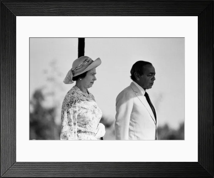 Framed Print : Queen Elizabeth II leaving Morocco. The Queen is accompanied by King Hassan II Framed Print : Queen Elizabeth II leaving Morocco. The Queen is accompanied by King Hassan II