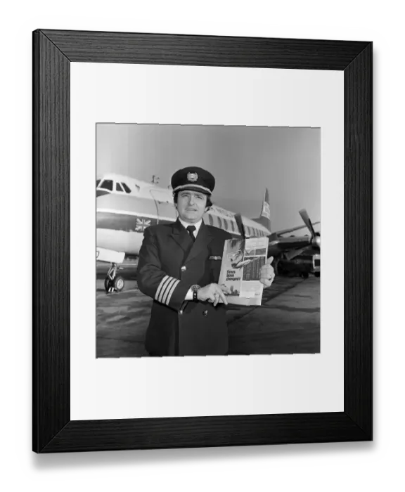 Framed Print : Captain Sharps BMA breaks London-Tessside flying time in 38 minutes. January 1975 Framed Print : Captain Sharps BMA breaks London-Tessside flying time in 38 minutes. January 1975