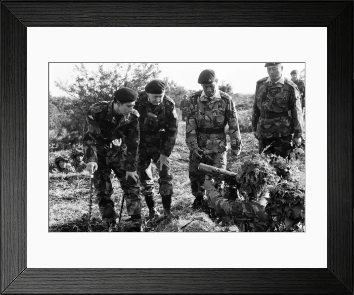 Framed Print : Prince Charles meets Gurkhas and watches army demonstrations at Stanford, Norfolk Framed Print : Prince Charles meets Gurkhas and watches army demonstrations at Stanford, Norfolk