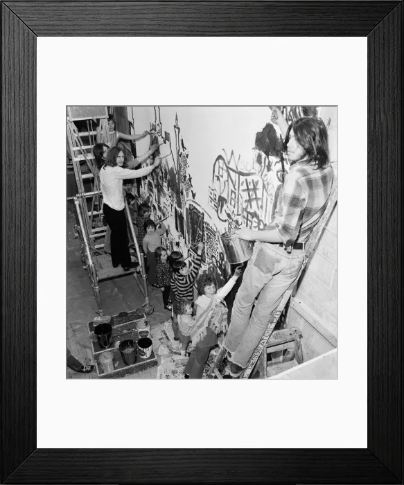 Framed Print : Group mural being painted on wall at Stockton YMCA, Bath Lane, Stockton, 1971