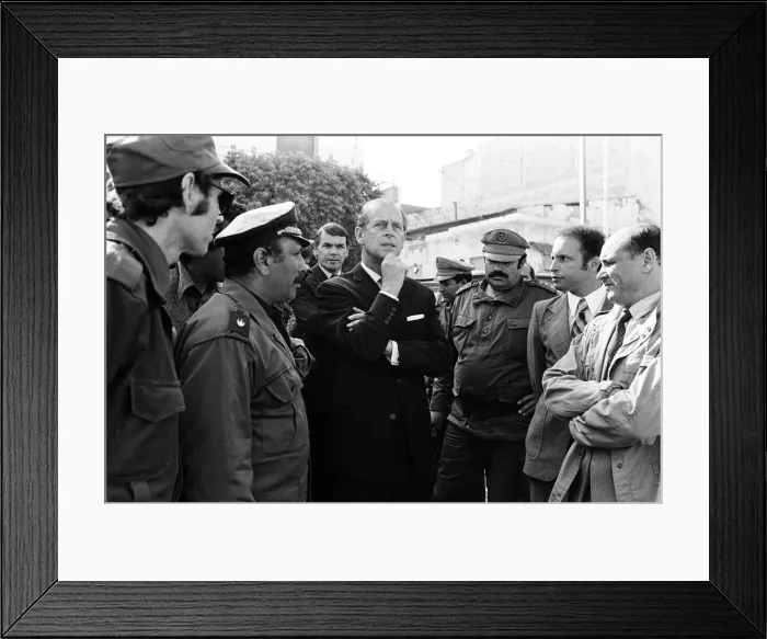 Framed Print : Prince Philip, Duke of Edinburgh visits the site of the El Asnam earthquake, Algeria