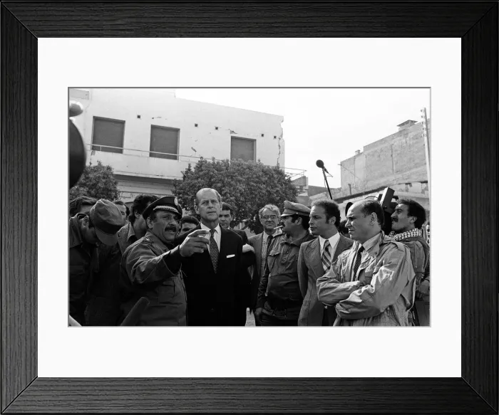 Framed Print : Prince Philip, Duke of Edinburgh visits the site of the El Asnam earthquake, Algeria