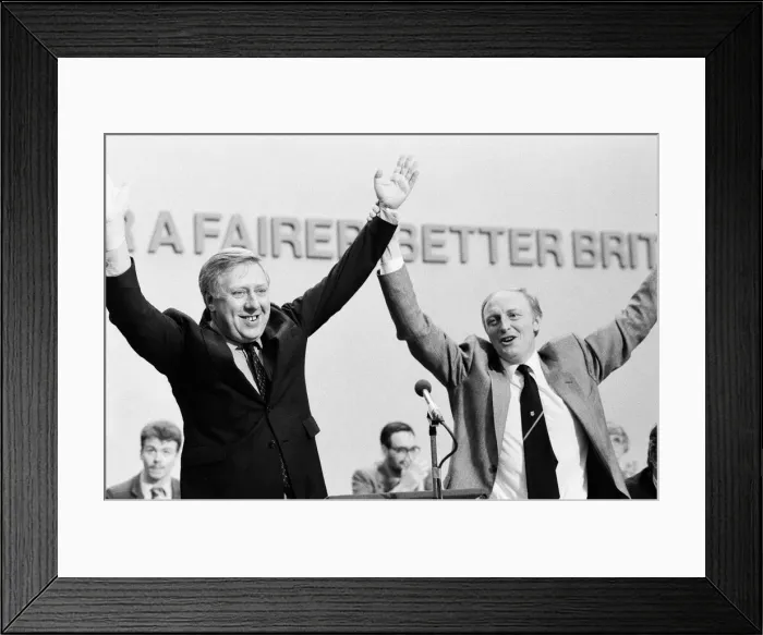 Framed Print : Labour Party Conference in Brighton. Neil Kinnock celebrates becoming the new leader of Framed Print : Labour Party Conference in Brighton. Neil Kinnock celebrates becoming the new leader of