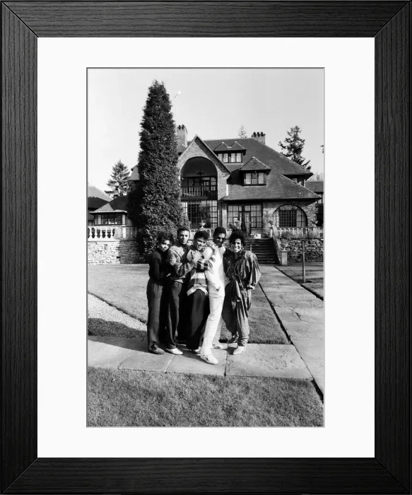Framed Print : Pop group Five Star outside their new home Stone Court in Berkshire. March 1987 Framed Print : Pop group Five Star outside their new home Stone Court in Berkshire. March 1987