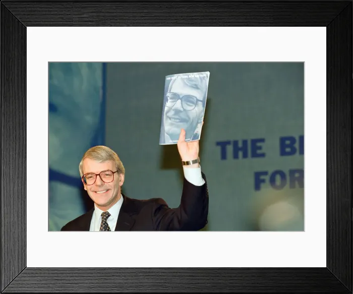 Framed Print : British Prime Minister, John Major launches his Conservative party election manifesto Framed Print : British Prime Minister, John Major launches his Conservative party election manifesto
