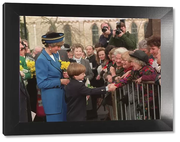 PRINCESS OF WALES WITH PRINCE WILLIAM AS THEY SHAKE HANDS WITH CROWDS