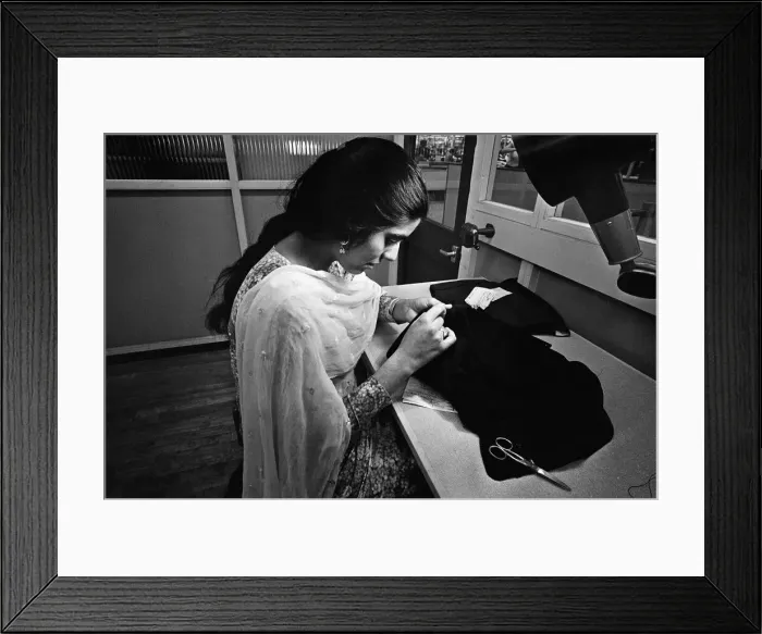 Framed Print : Staff at work at Burton the Tailors, Leeds. Harjit Kaur fine drawing. 13th December 1967 Framed Print : Staff at work at Burton the Tailors, Leeds. Harjit Kaur fine drawing. 13th December 1967