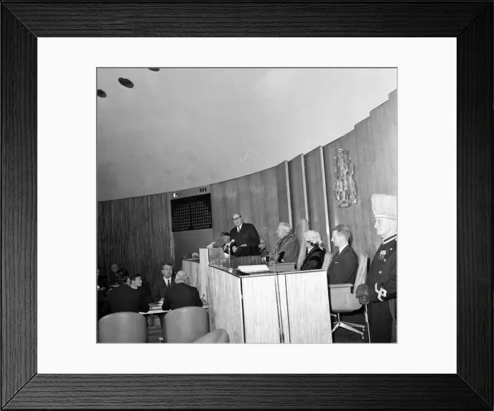 Framed Print : King Olav V of Norway officially opens the new Civic Centre in Newcastle Framed Print : King Olav V of Norway officially opens the new Civic Centre in Newcastle
