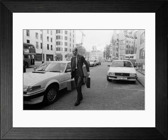 Framed Print : Norman Tebbit arrives with three despatch boxes at the Department of Trade, Victoria Framed Print : Norman Tebbit arrives with three despatch boxes at the Department of Trade, Victoria