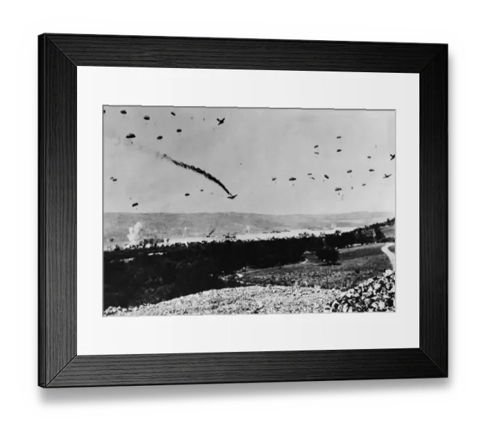 Framed Print : Coming from the skies, the German invasion of Crete. The planes are carrying parachute Framed Print : Coming from the skies, the German invasion of Crete. The planes are carrying parachute