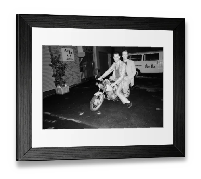 Framed Print : The Boomtown Rats in Tokyo. Pictured, singer Bob Geldof and Garry Roberts on a motorbike