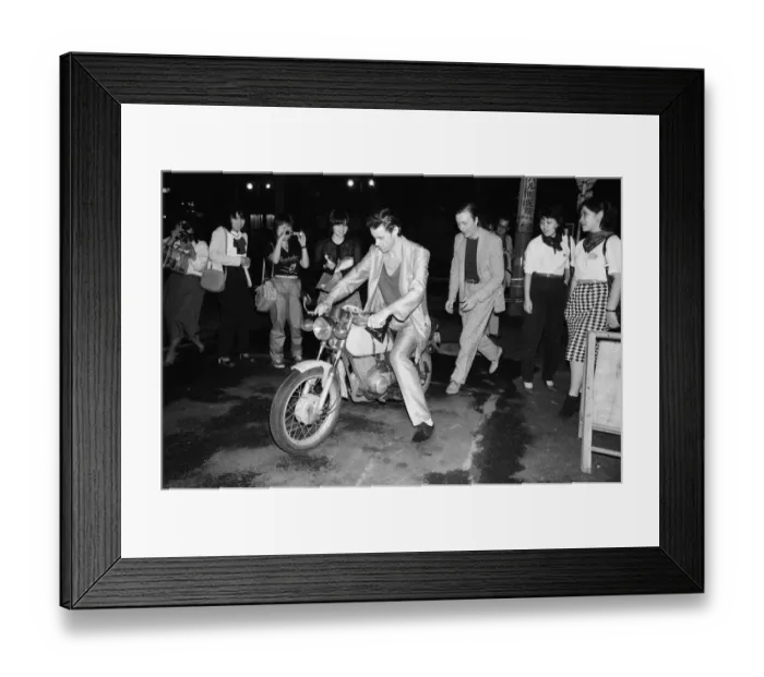 Framed Print : The Boomtown Rats in Tokyo. Pictured, singer Bob Geldof on a motorbike Framed Print : The Boomtown Rats in Tokyo. Pictured, singer Bob Geldof on a motorbike