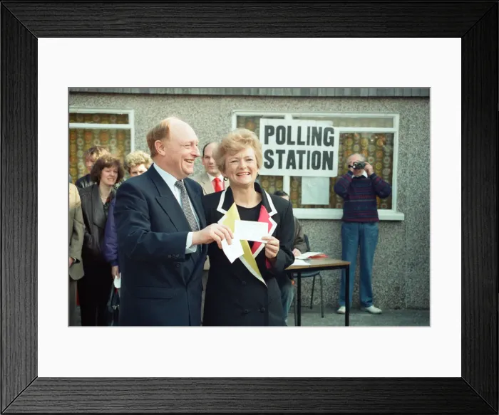 Framed Print : Labour leader Neil Kinnock and his wife Glenys cast their votes at Pontllanfraith