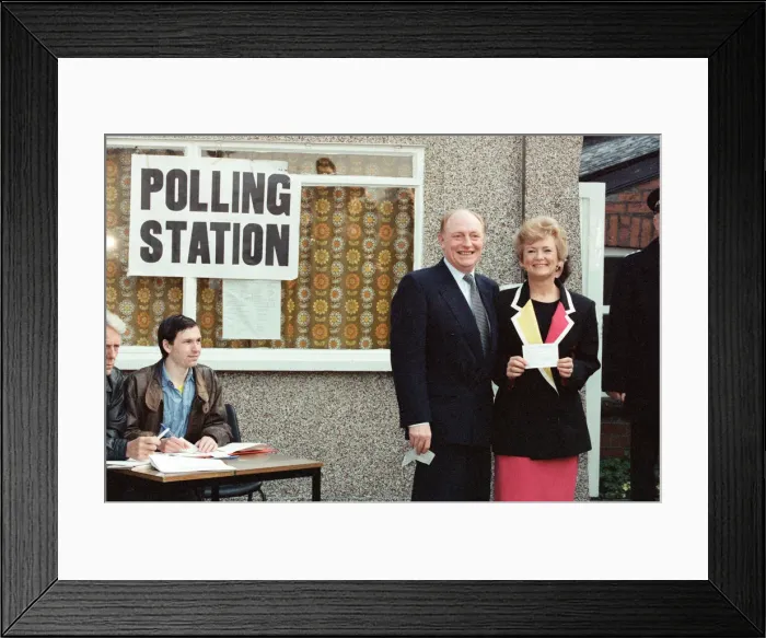 Framed Print : Labour leader Neil Kinnock and his wife Glenys cast their votes at Pontllanfraith Framed Print : Labour leader Neil Kinnock and his wife Glenys cast their votes at Pontllanfraith