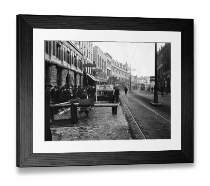 Framed Print : Victoria Street, Bristol, wooden pavement blocks being repaired & replaced by North Framed Print : Victoria Street, Bristol, wooden pavement blocks being repaired & replaced by North