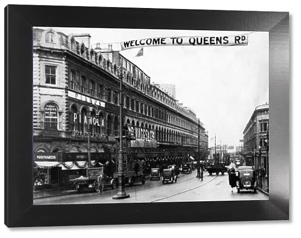 Welcome to Queens Road Banner above street in Clifton, Bristol, Circa 1930s