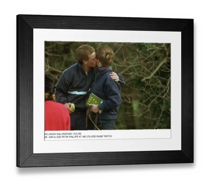 Framed Print : Peter Phillips gives his mother Princess Anne a kiss at his college rugby match Framed Print : Peter Phillips gives his mother Princess Anne a kiss at his college rugby match