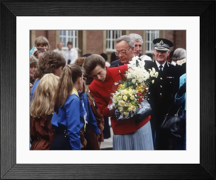 Framed Print : Princess Anne on walkabout in Ayrshire Scotland 1989 with girl guides and flowers