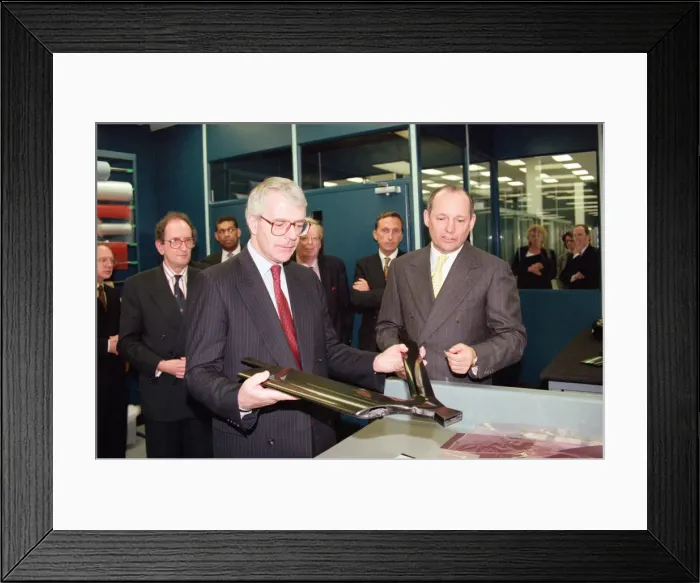 Framed Print : John Major visiting the headquarters of McLaren motor racing team during the general Framed Print : John Major visiting the headquarters of McLaren motor racing team during the general
