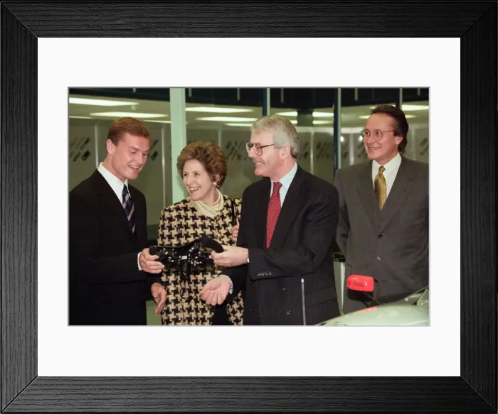 Framed Print : John Major and wife Norma visiting the headquarters of McLaren motor racing team during Framed Print : John Major and wife Norma visiting the headquarters of McLaren motor racing team during