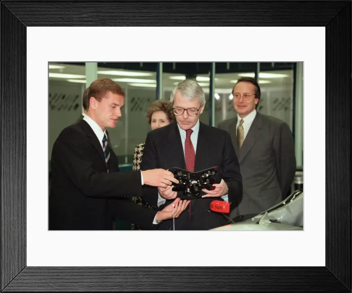 Framed Print : John Major and wife Norma visiting the headquarters of McLaren motor racing team during Framed Print : John Major and wife Norma visiting the headquarters of McLaren motor racing team during