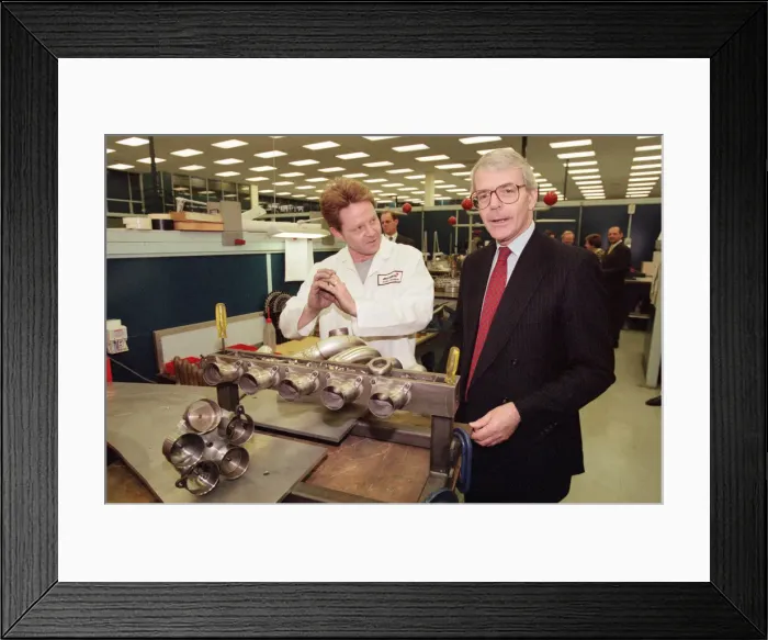 Framed Print : John Major visiting the headquarters of McLaren motor racing team during the general