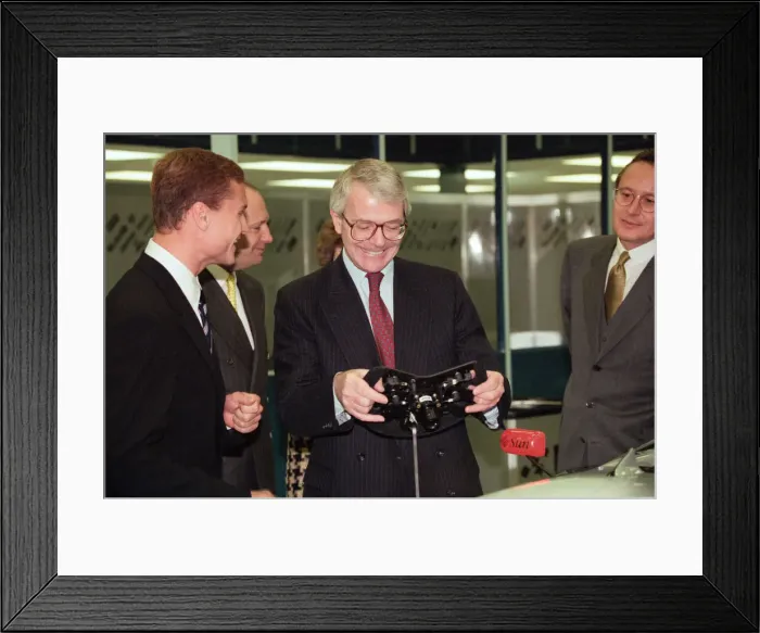 Framed Print : John Major visiting the headquarters of McLaren motor racing team during the general Framed Print : John Major visiting the headquarters of McLaren motor racing team during the general