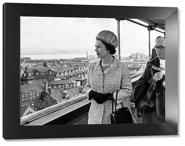 The Mayor of Widnes (Mr Vincent Nyland) and Queen Elizabeth II take a look out over