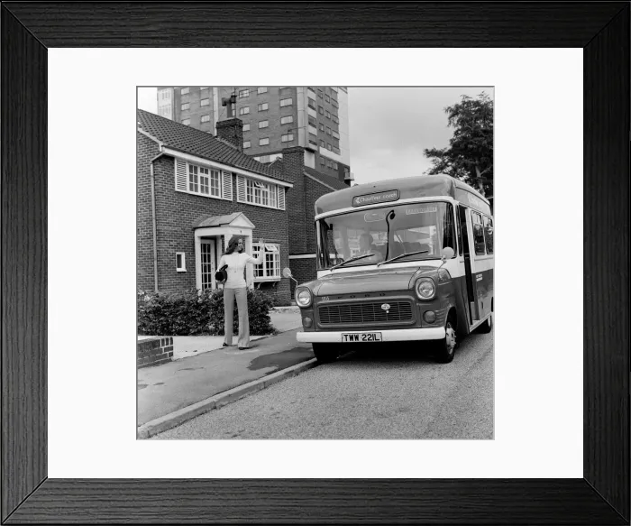 Framed Print : Dial-a-Bus service in Harrogate, West Yorkshire. 6th September 1974 Framed Print : Dial-a-Bus service in Harrogate, West Yorkshire. 6th September 1974