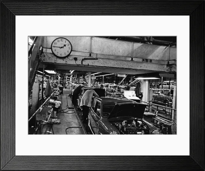 Framed Print : The Austin Mini car assembly line night shift at Longbridge, Birmingham, West Midlands
