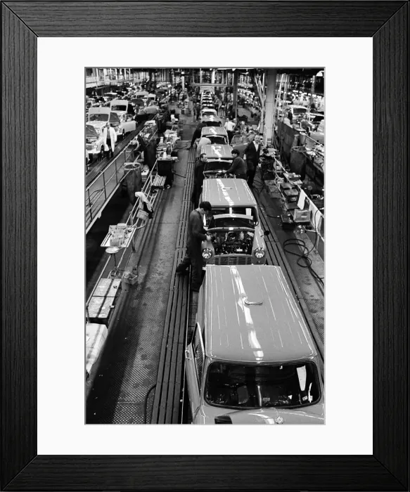Framed Print : The Austin Mini car assembly line night shift at Longbridge, Birmingham, West Midlands