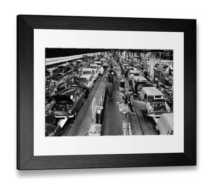 Framed Print : The Austin Mini car assembly line night shift at Longbridge, Birmingham, West Midlands