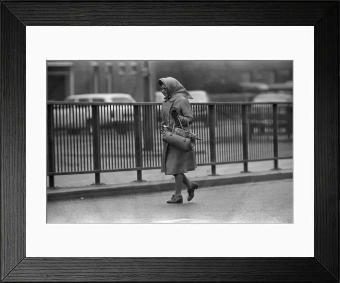 Framed Print : People crossing the motorway dangerously, in the north of England. 8th November 1974 Framed Print : People crossing the motorway dangerously, in the north of England. 8th November 1974