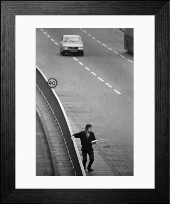 Framed Print : People crossing the motorway dangerously, in the north of England. 8th November 1974