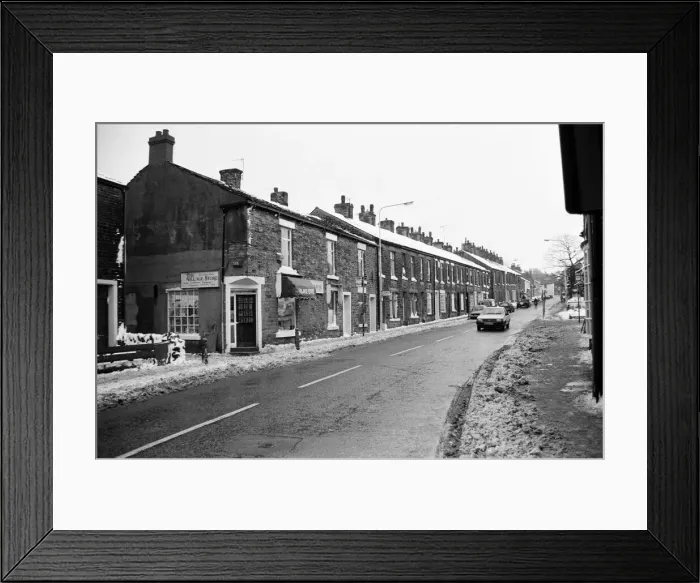 Framed Print : Market Street, Mottram in Longdendale, Greater Manchester. 6th January 1987 Framed Print : Market Street, Mottram in Longdendale, Greater Manchester. 6th January 1987