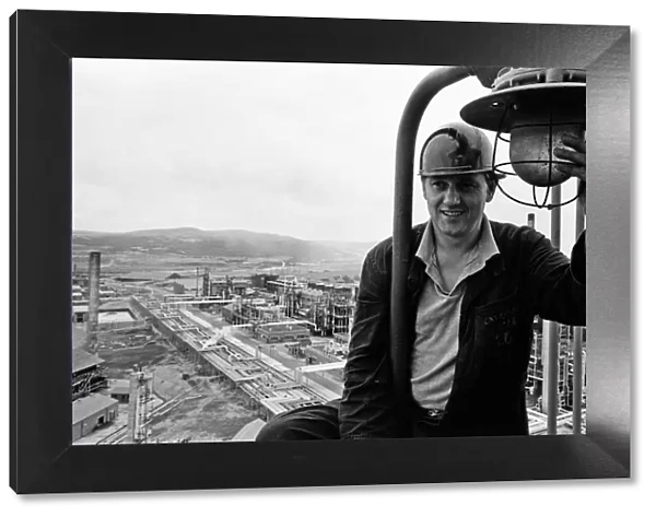 BP Llandarcy oil refinery, Swansea. Lyn Davies, 36, on top of the 'Cat Cracker'