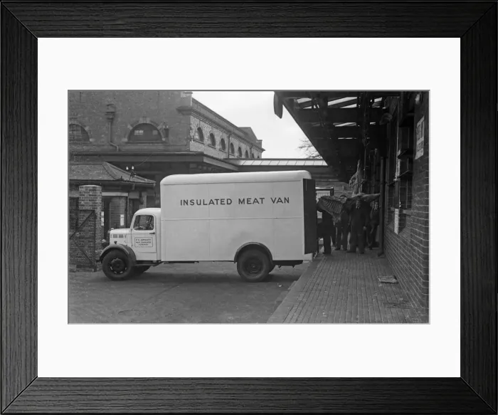 Framed Print : Meat being loaded into a insulated meat van of F G Jephcott in Coventry Circa 1947