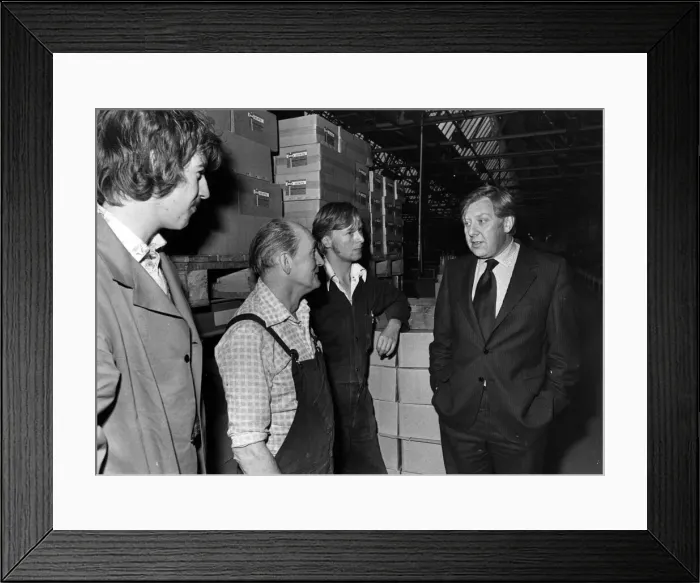 Framed Print : Member of Parliament for Birmingham Sparkbrook Roy Hattersley talks to workers at the M. E Framed Print : Member of Parliament for Birmingham Sparkbrook Roy Hattersley talks to workers at the M. E