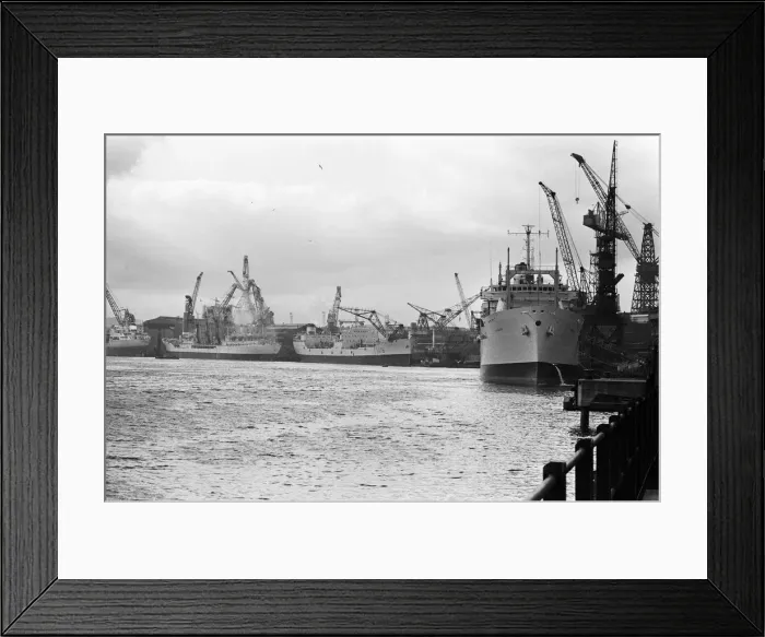 Framed Print : Looking up the Tyne to the ships being fitted out alongside the shipyards. 9th March 1967 Framed Print : Looking up the Tyne to the ships being fitted out alongside the shipyards. 9th March 1967