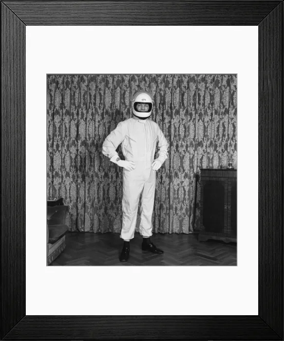 Framed Print : Ex Boxer Henry Cooper dressed in a Formula One out-fit. Formula One was one of his Framed Print : Ex Boxer Henry Cooper dressed in a Formula One out-fit. Formula One was one of his