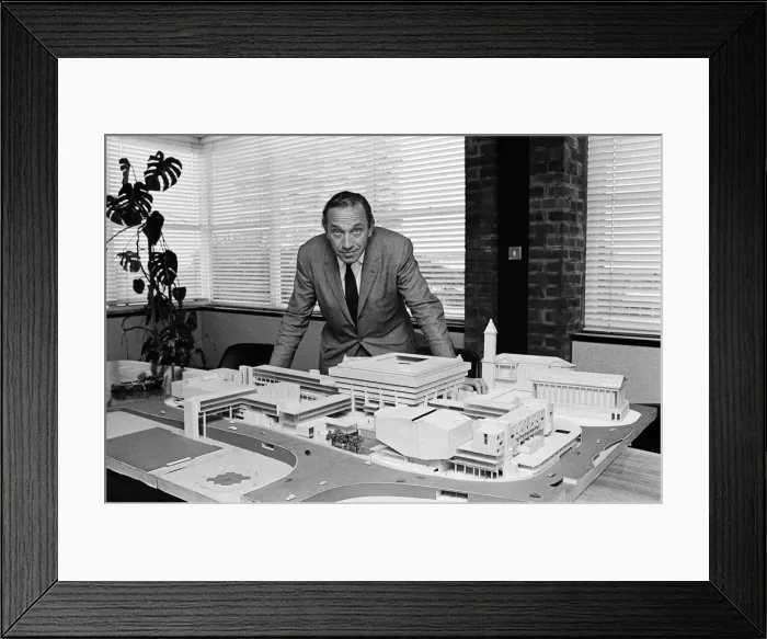 Framed Print : Architect John Madin with a model of the Civic Centre Development, Paradise Circus
