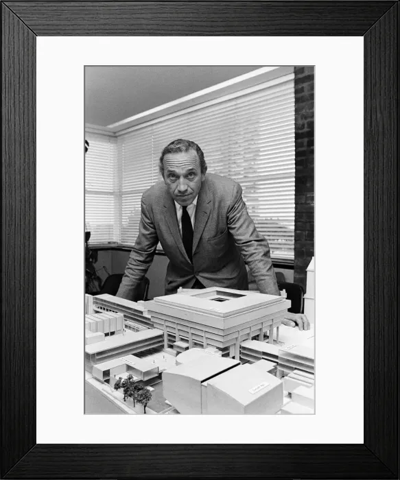 Framed Print : Architect John Madin with a model of the Civic Centre Development, Paradise Circus