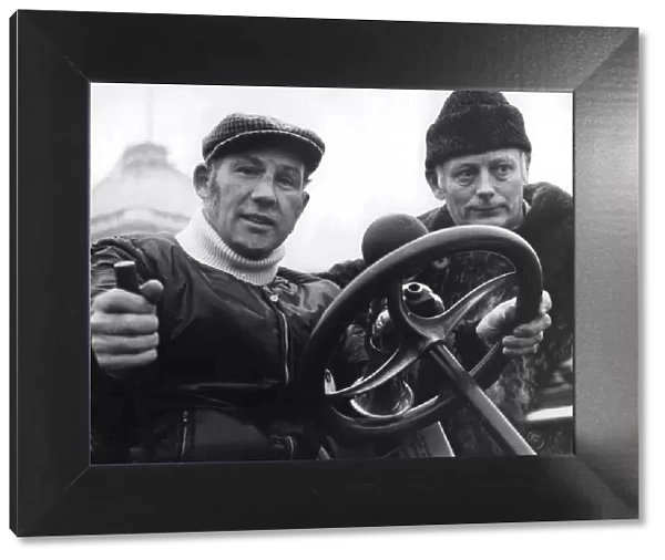 Stirling Moss and Lord Montagu driving 1899 Daimler vintage car - January 1973